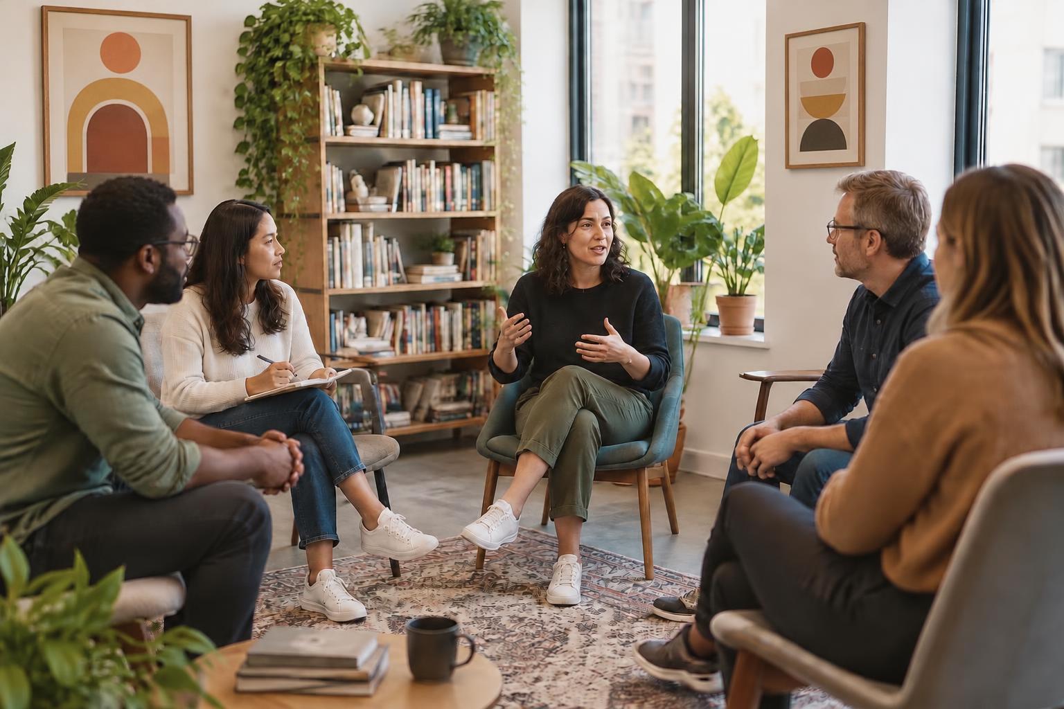Coworkers seated in a circle of office chairs, listening and reflecting during a workshop